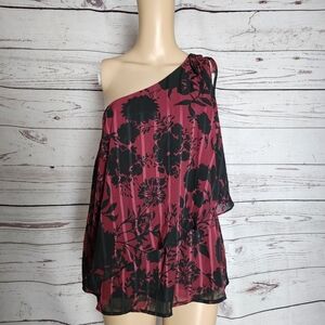 Aqua One Shoulder Floral Blouse - Black & Burgundy - Medium - NWT